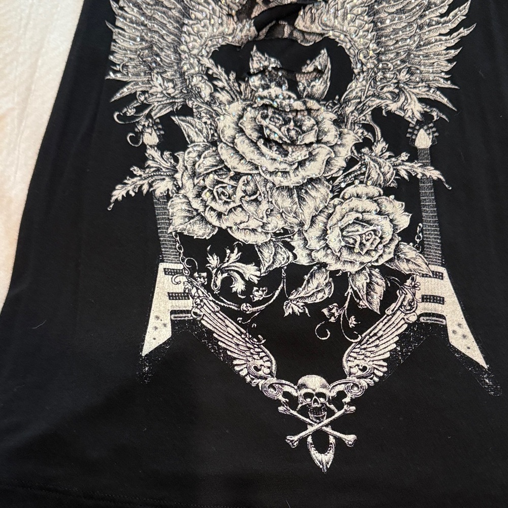 Black Lace-Back Graphic Tank Top with Winged Rose Print - Picture 2 of 3